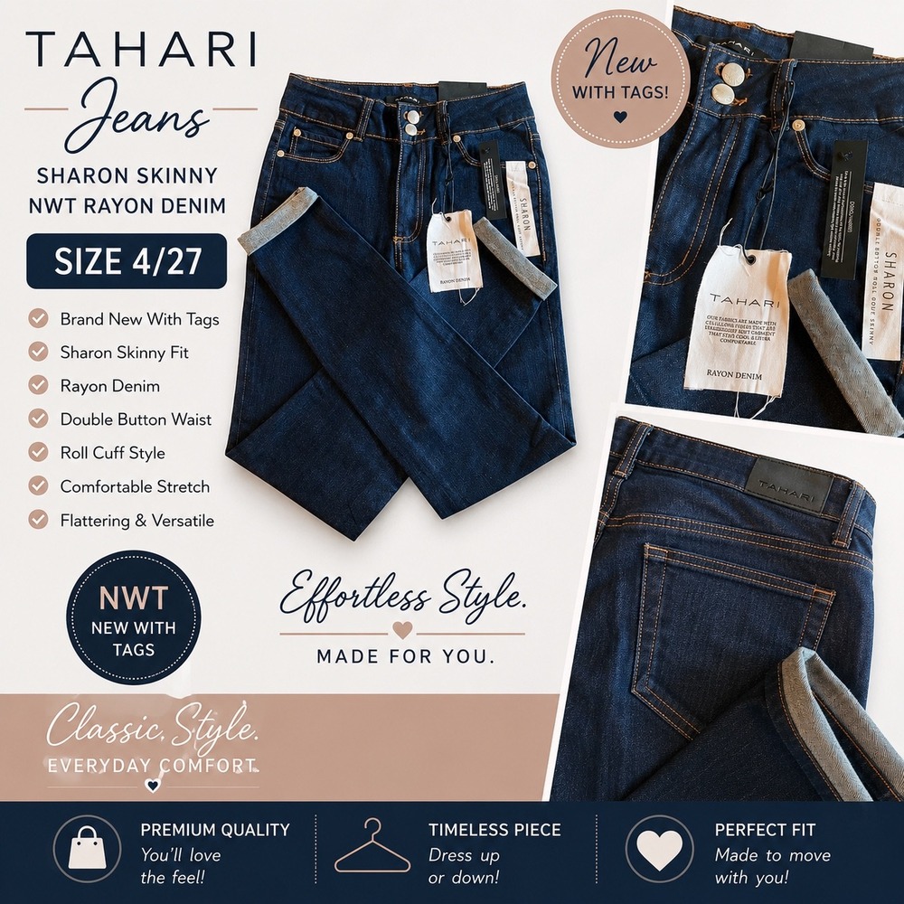Tahari Sharon Skinny Jeans‎ Womens 4/27 Dark Wash Rayon Denim Double Button NWT